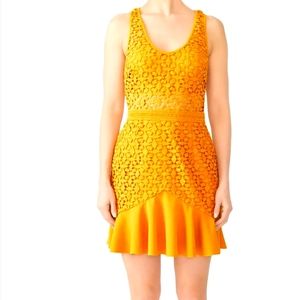 Solana Cut Out Dress, Yellow floral printed lace (100% Polyester). Size Medium